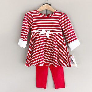 Christmas Holiday 2 Piece Outfit Red White Stripe Faux Fur NWT 12 months